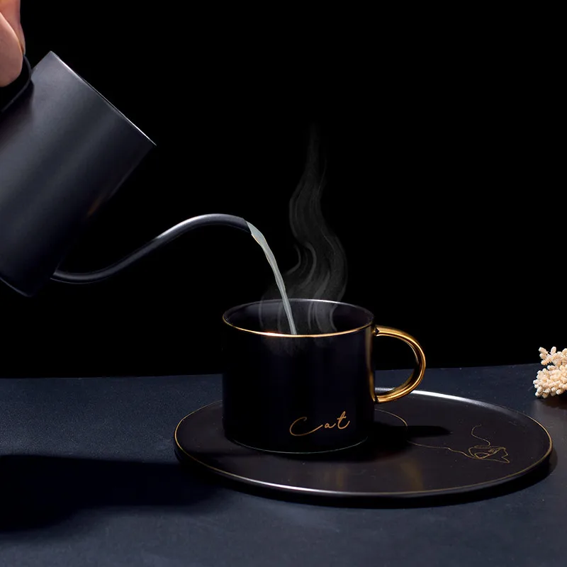 Европейская керамическая черная глазурованная кофейная чашка с блюдцем и ложкой