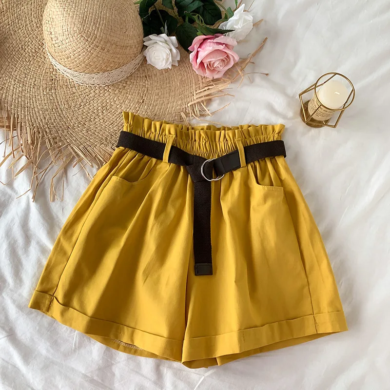 

2021 Summer Elegant High Waist Shorts Women Casual Solid Wide Leg Loose Cotton Short Pants With Belt Korean Sweet Girls