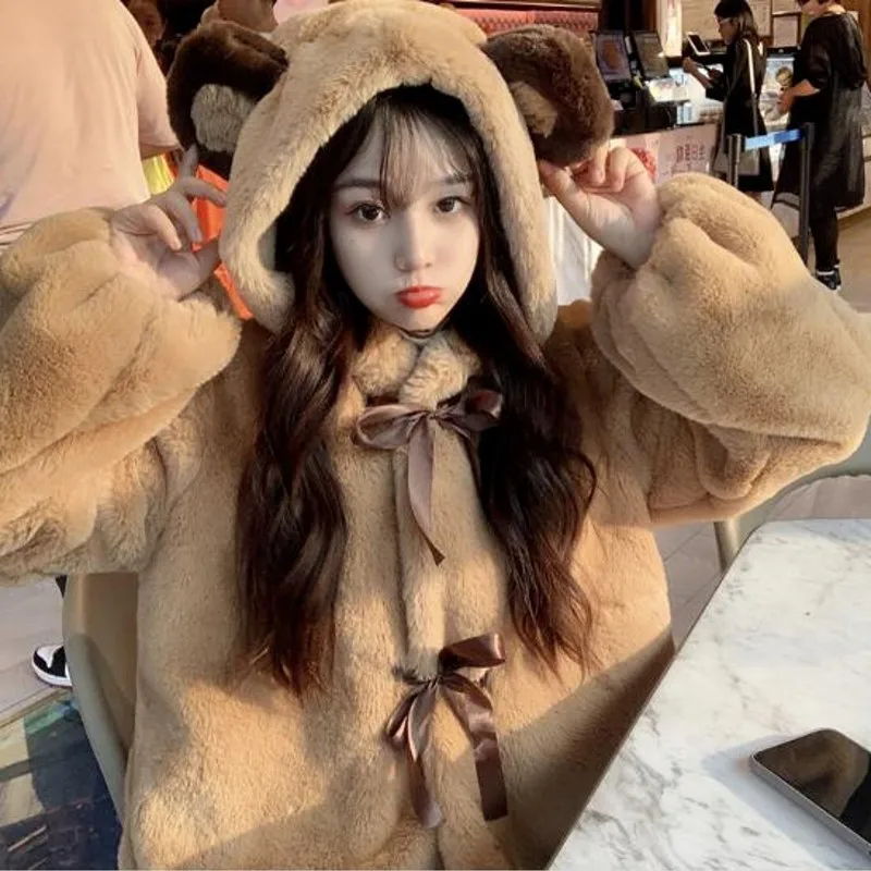 Lolita Soft Girl Plush Coat Women Cute Winter Hooded Jacket Bear Ear Thickened Imitation Rabbit Fur Harajuku Solid Outwear