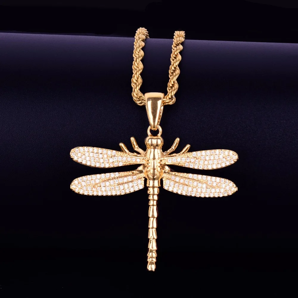 Животные стрекоза ожерелье и кулон Iced Out теннисная Цепочка Золото Серебро AAA кубический циркон мужские и женские хип хоп рок ювелирные изделия