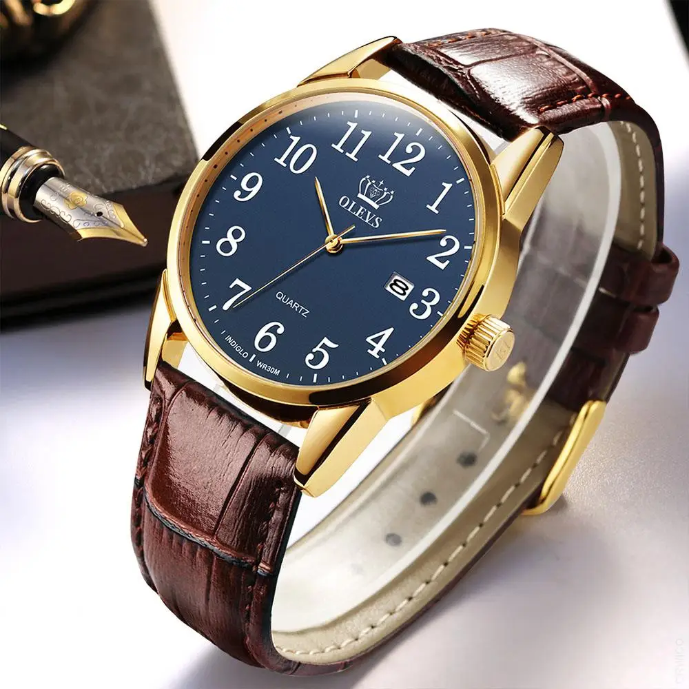 OLEVS Couple Quartz Watch Waterproof Fashion Watches Casual Luxury Dress Genuine Brown Leather  Wristwatch Lover Watch Gifts Set