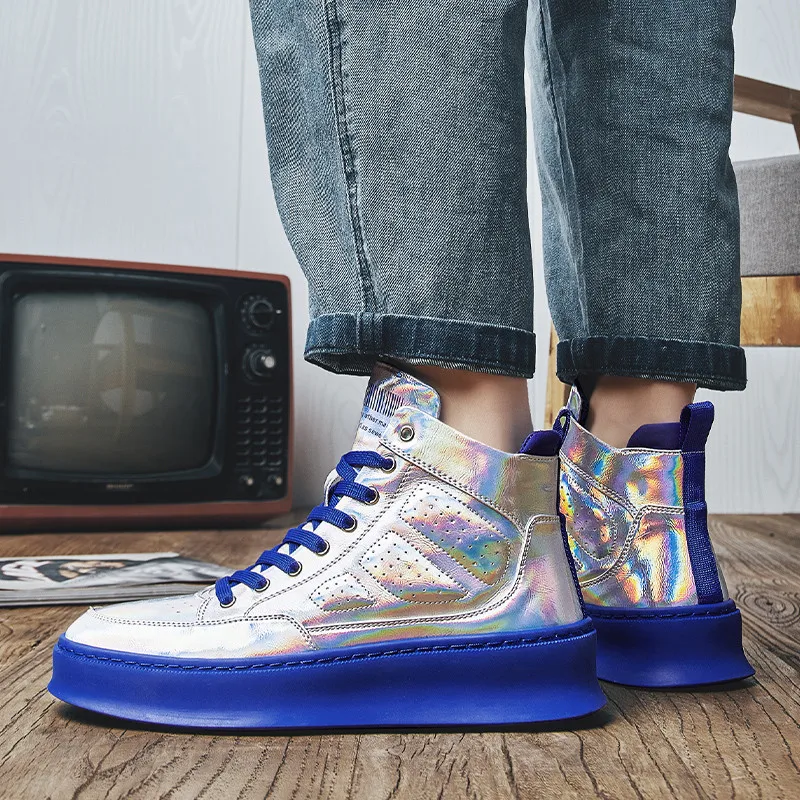 

Autumn Winter Fashion Silver Casual Sneaker for Men Glitter Luxury High Shoes Men Casual Platform Hip hop Men High top Sneakers