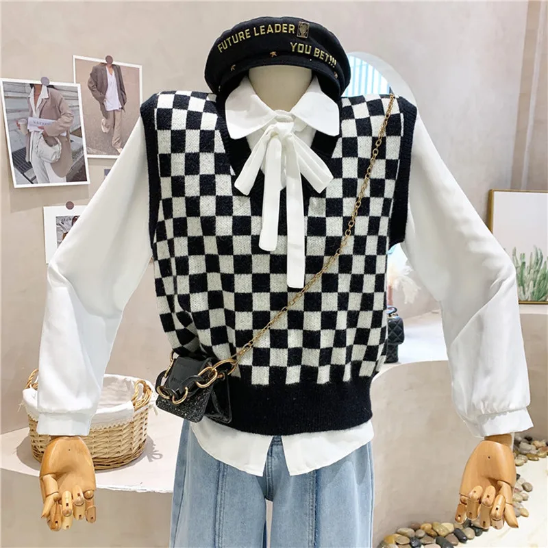 

Нишевый дизайн, новая женская одежда, зима 2021, вязаный жилет в клетку с V-образным вырезом, без рукавов, складной Свободный жилет в стиле ретр...