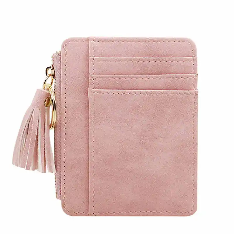 Pink Matt Leather Mini Tassel Women Card Holder Cute Credit ID Card Holders Zipper Wallet Case Change Coin Purse Keychain Nubuck New - Цвет: Pink