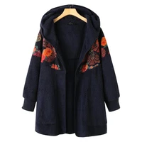 60hotzipper closure long sleeve winter coat double sided velvet ethnic flower print hooded fluffy coat outerwear