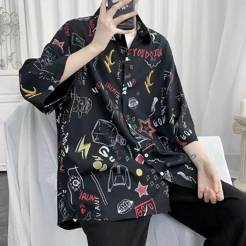 Men Shirts Summer graffiti Print Casual Loose Short-Sleeved Men's Shirt Top  Plus Size Harajuku Style Tops Beach Shirt