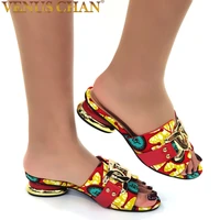 venus chan 2021 african ankara wax fabric high quality african metal decoration fashion ladies high heel sandals and slippers