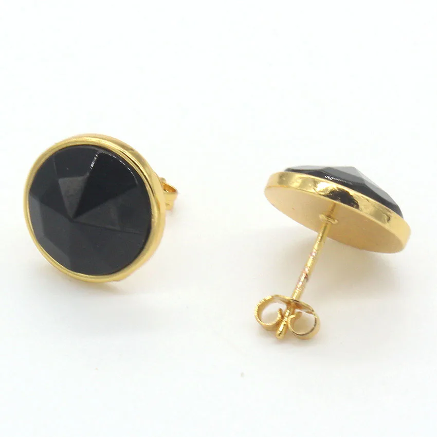 

FYSL Light Yellow Gold Color Round Cabochon Labradorite Stone Stud Earrings for Women Black Agates Jewelry
