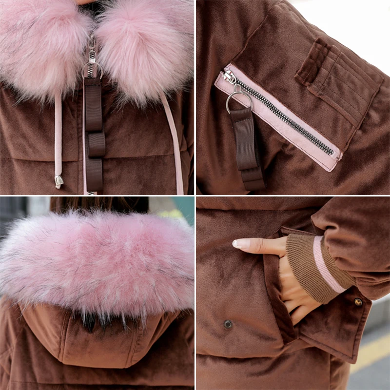 2019 Новое поступление Зимняя женская куртка с капюшоном мехом Вельветовая Модная