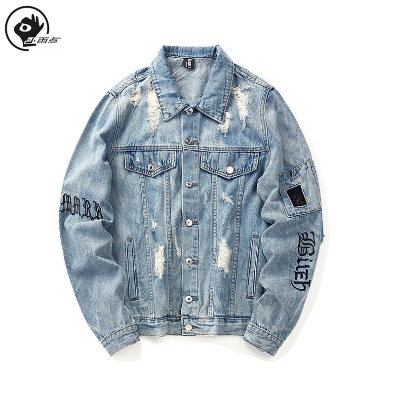 Мужская джинсовая куртка в стиле хип хоп винтажная рваная с надписью Harajuku 2019| |