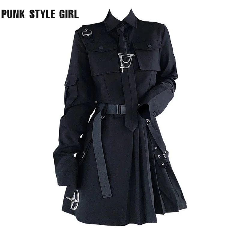 

Gothic Black Punk Streetwear Two-Piece Skirt Spring Y2K Plus Size 4XL Punk Chain Ribbon Skirts Women 2 Piece Suit For Female