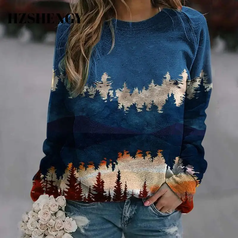

HZSHENGY Women Sweatshirts Leisure Landscape Printing Long-Sleeved Pullover Women's Round Neck Top Casual Autumn Pullover