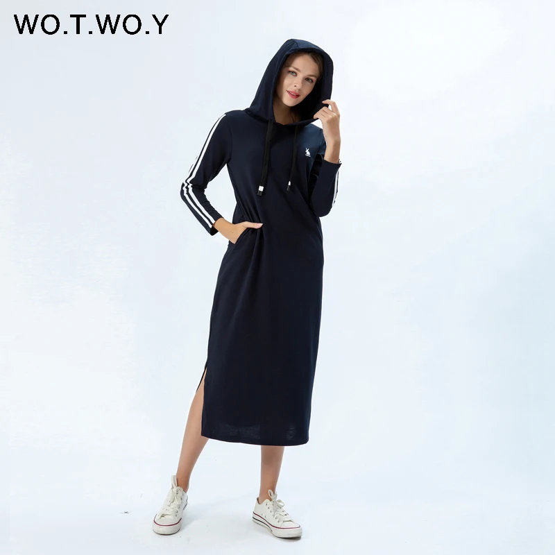 Платье с капюшоном WOTWOY повседневное Хлопковое платье до середины икры карманами