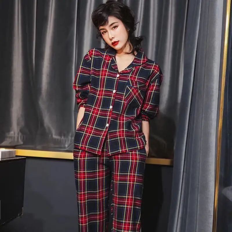 Женский пижамный комплект Осень-зима новая клетчатая женская пижама с отворотом