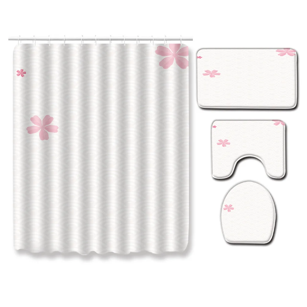 

Zeegle Non-slip Bathroom Mat Set 4pcs Bath Mat with Shower Curtain Pedestal Rug Lid Toilet Cover Shower Curtain with Hooks