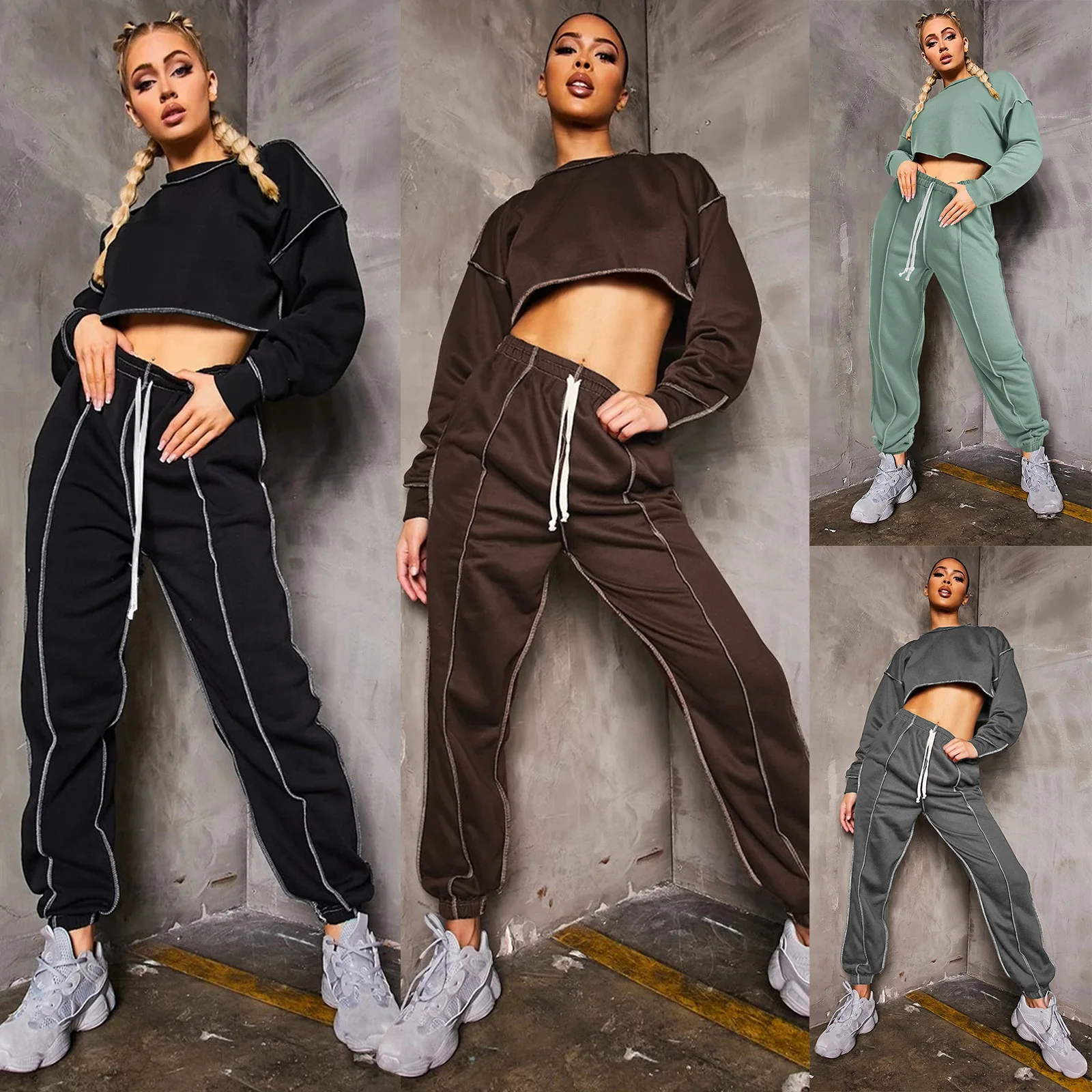 

2021 Long-sleeved Short Top Trousers Sports Suit Two-piece Ladies Slim Trousers Two-piece Suit