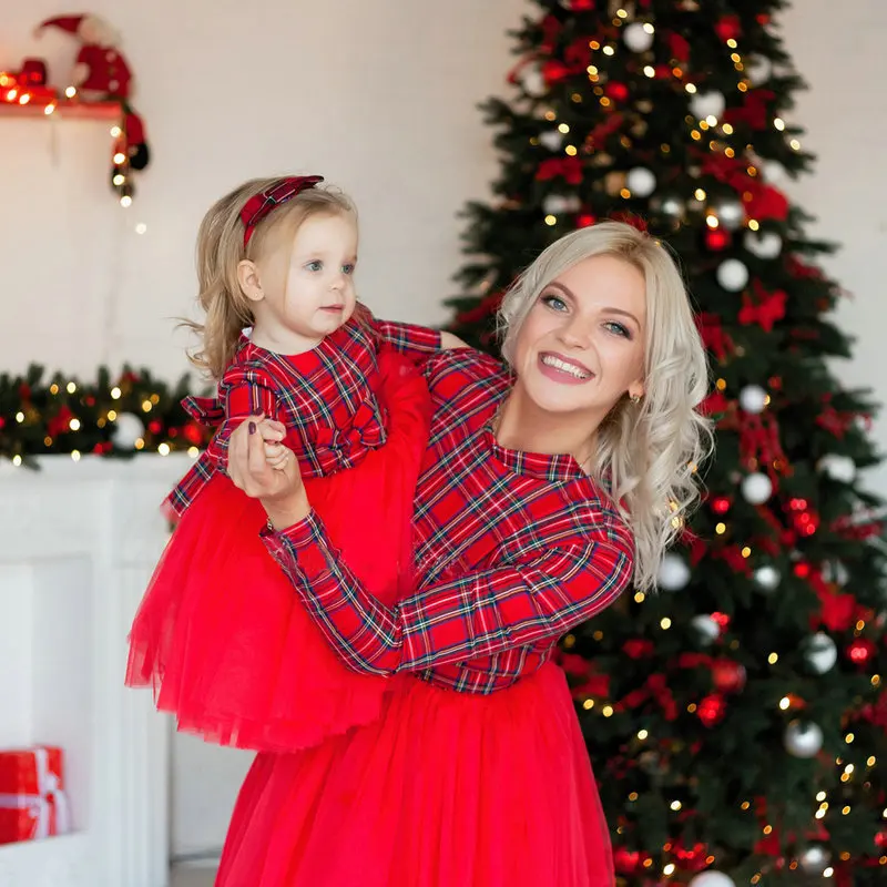 

YUXIC Mother Daughter Matching Dress 2020 Spring Long Sleeved Plaid Red Dress Mommy and Me Wedding Party Dress