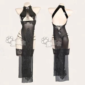 Qipao Платье Аниме сетчатый костюм-Чонсам для косплея для девочек Лакированная кожа комплект Горячая Сексуальное белье в сетку черный Chi-pao для костюмированной вечеринки