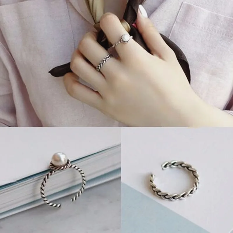Модные Винтажные открытые кольца с имитацией жемчуга серебряного цвета 2