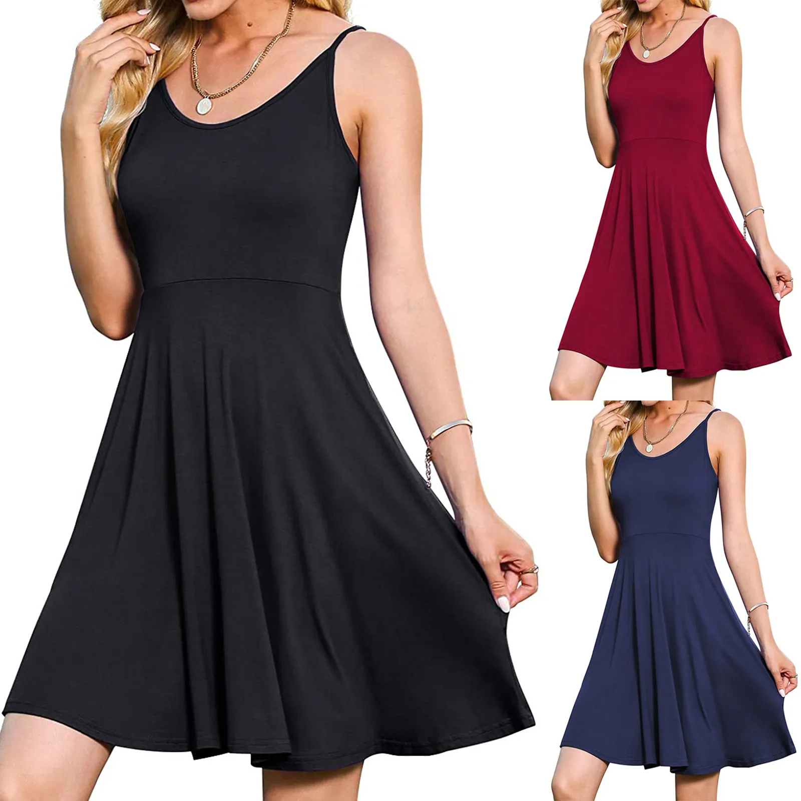 

SAGACE Women Fashion Simple Leisure Comfortable Sexy Solid Color U-neck Dress Sleeveless Sling Miniskirt Pleated vestido 2021