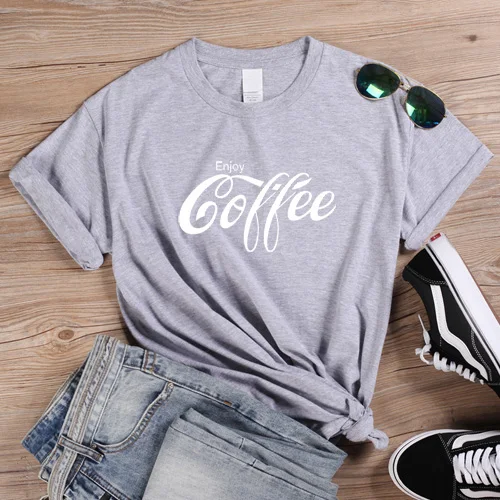 Gray-White ONSEME, женская футболка, Enjoy coffee, с буквенным принтом, футболки, женская уличная одежда, базовые хлопковые футболки, Cola, футболка, Harajuku, слоган, топы - Цвет: Gray-White