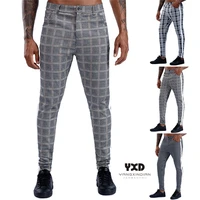 drop shipping men vintage trousers skinny super stretch chino pants slim fit mens casual pant plaid grey elastic waist fashion
