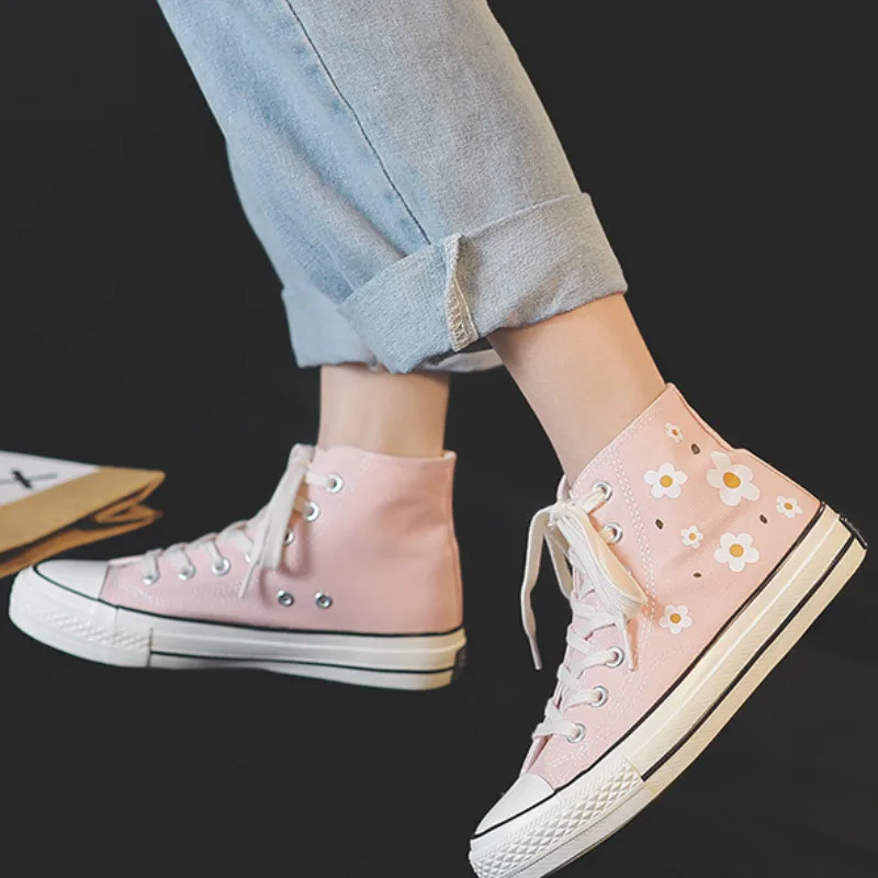 

2020 Four Seasons New Women's Canvas Shoes With Sweet Flowers Printing Wild Cute Fashion Casual Women's High-top Shoes B25-08