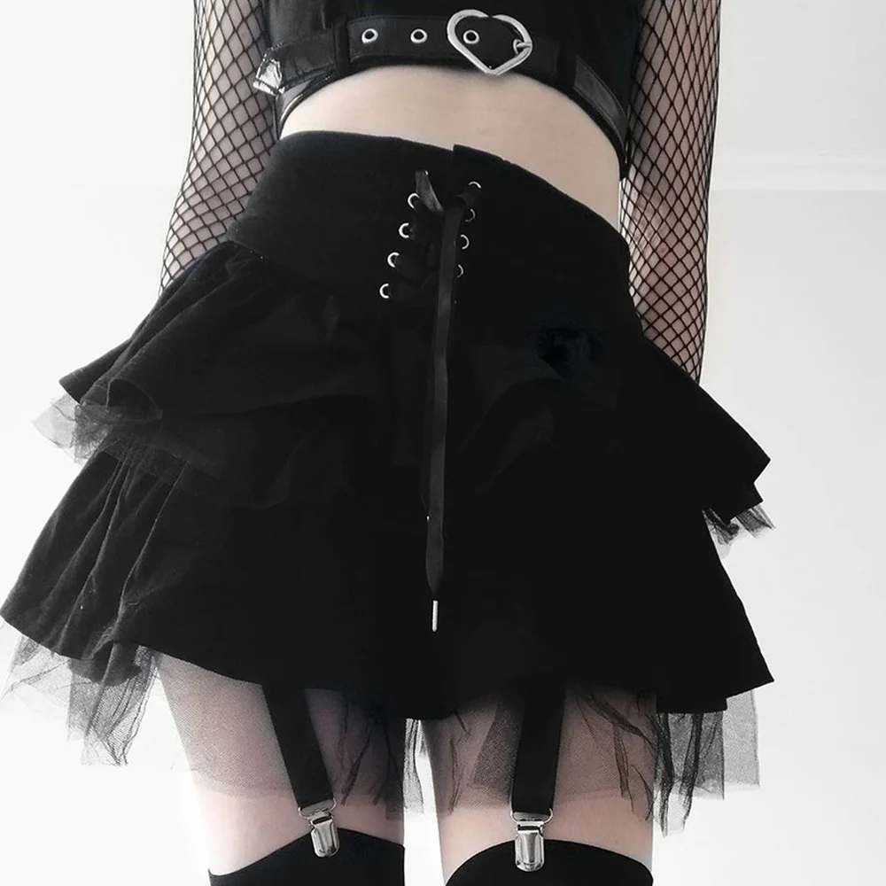 

Helisopus Summer Black Gothic Eyelet Bandage Skirt Harajuku Y2k Sexy Lace Up Mesh Skirt Vintage Streetwear Mall Goth Clubwear