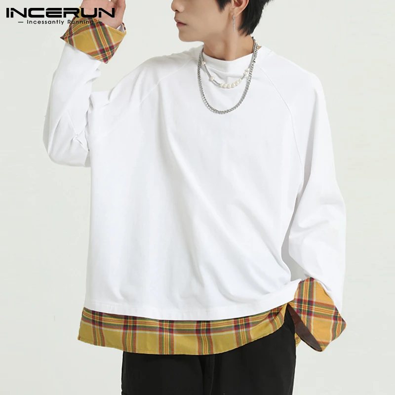 

Футболка INCERUN Мужская в клетку, с круглым вырезом и длинным рукавом