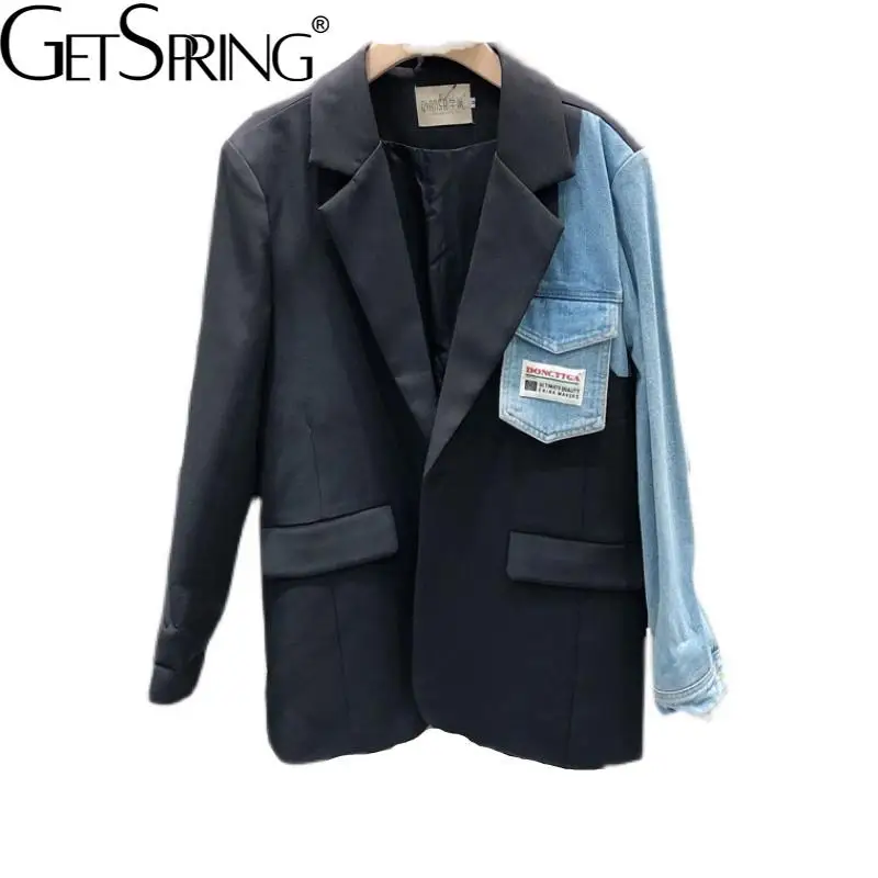 

GetSpring Women Blazer Asymmetric Denim Spliced Irregular Suit Coat Single Button Long Sleeve Fashion Ladies Black Jacket Autumn