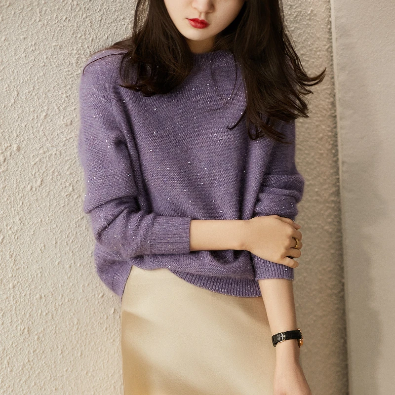 Модный новый элегантный фиолетовый вязаный свитер с блестками Корейская версия базовый пуловер с круглым вырезом свободный мягкий пуловер Женская одежда H125