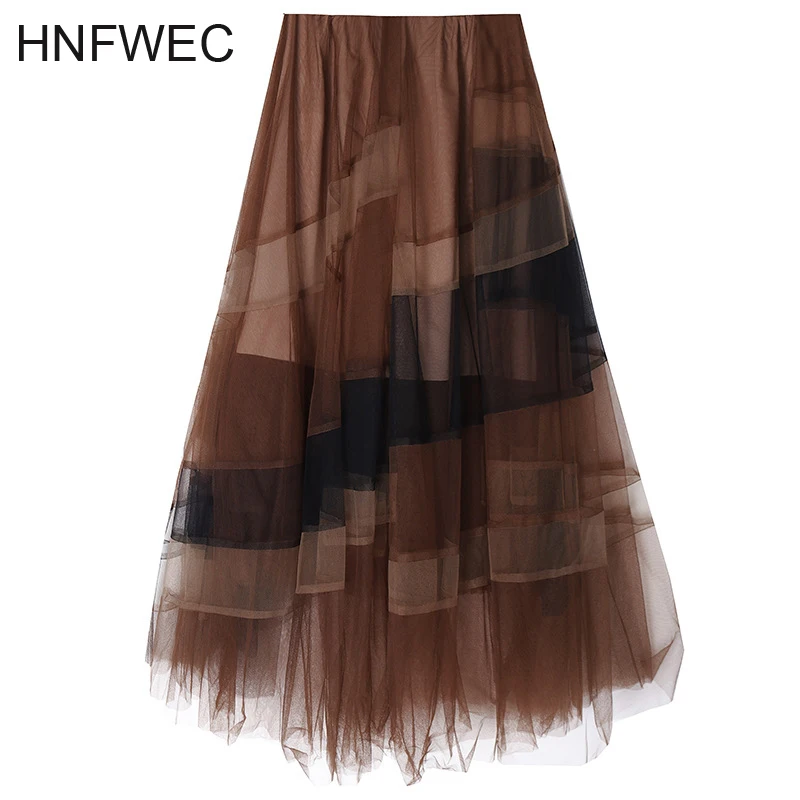 

High Elastic Waist Khaki Asymmetrical Mesh Temperament Half-body Skirt Women Fashion Tide New Spring Autumn 2020 V784