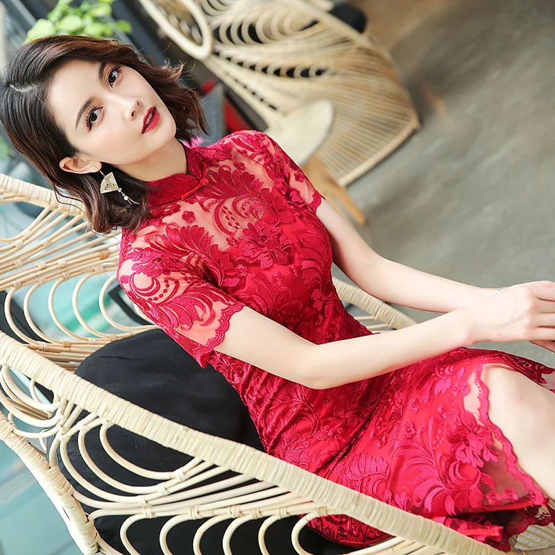 FZSLCYIYI летнее кружевное китайское платье Ципао с коротким рукавом длиной до