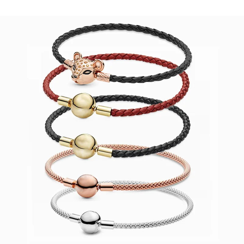 LR Женский плетеный браслет из Натуральной Черной Кожи с круглыми кнопками в