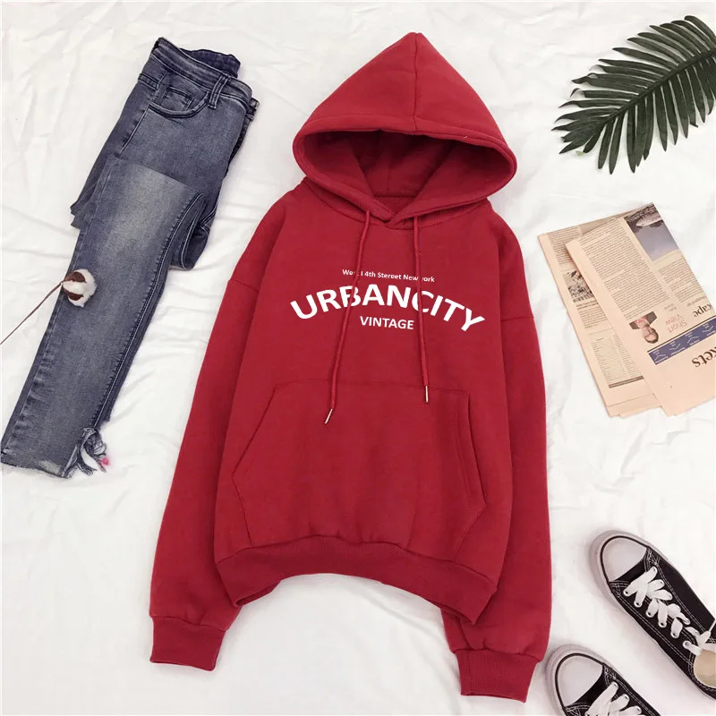 

Women Hoodies Thicker Plus Velvet Warm Soft Letter Printed Simple All-match Pockets Leisure Pullovers Womens Trendy Sweatshirts
