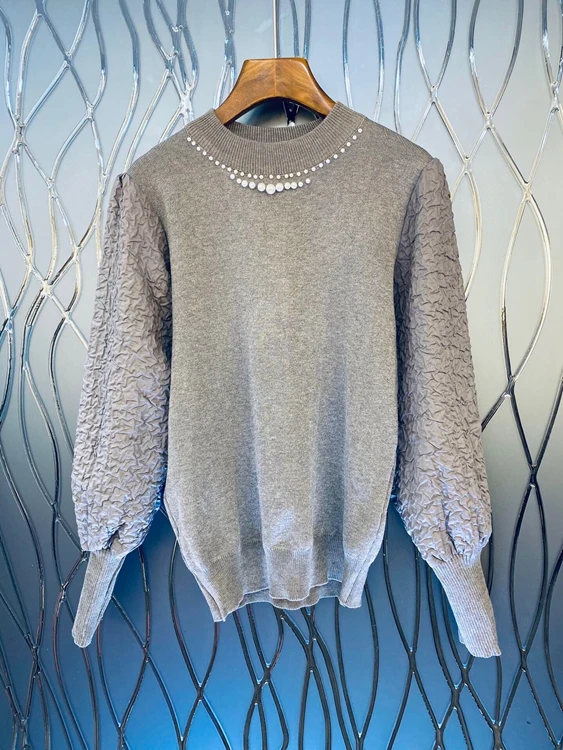 

2020 autumn and winter new women's round neck beaded neckline decoration wrinkled long-sleeved all-match blouse 1228