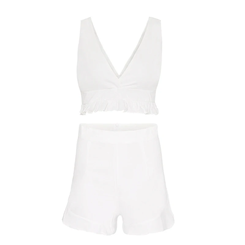 

HStar 2020 Suits Summer Solid Color V-neck Sleeveless Vest Dew Navel T-shirt Top Elastic Waist Loose Shorts