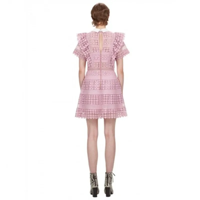 

Elegant Ruffles Sleeve Women 2021 Summer Short Sleeve Hollow Out Mini Feast Dress Patchwork Turn-down Collar Pink Lace Dresses