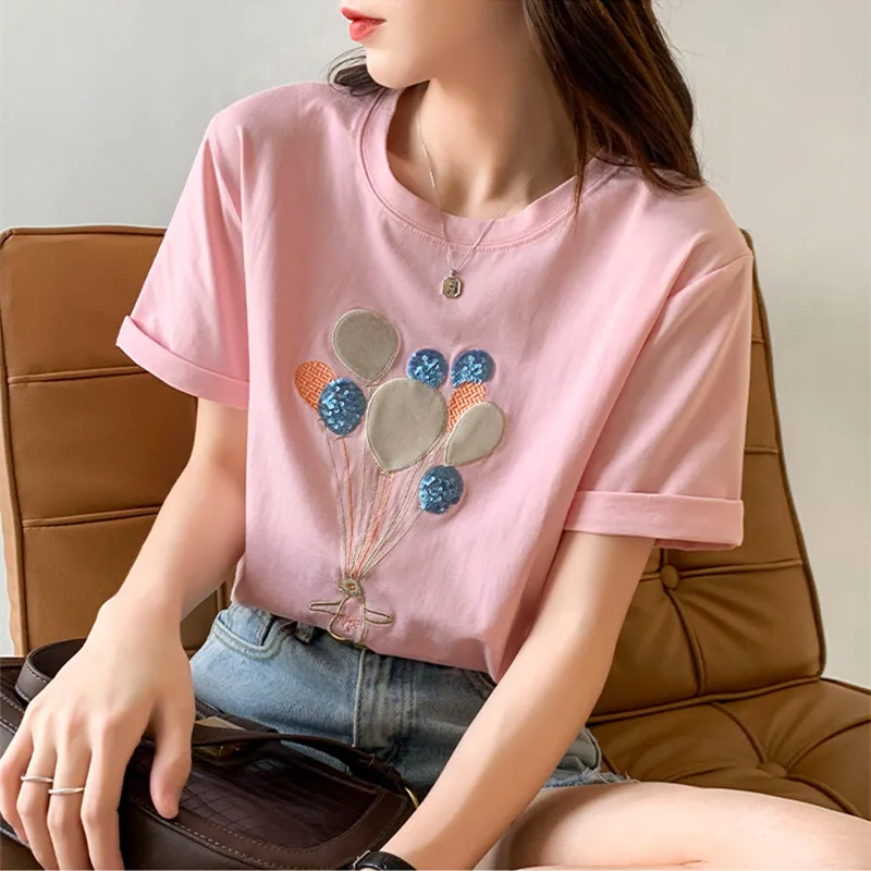 

Hzirip Summer Chic Fashion New O Neck Embroidery Female 2021 Hot Printing Solid Color Casual All-Match Short-Sleeved T-Shirt