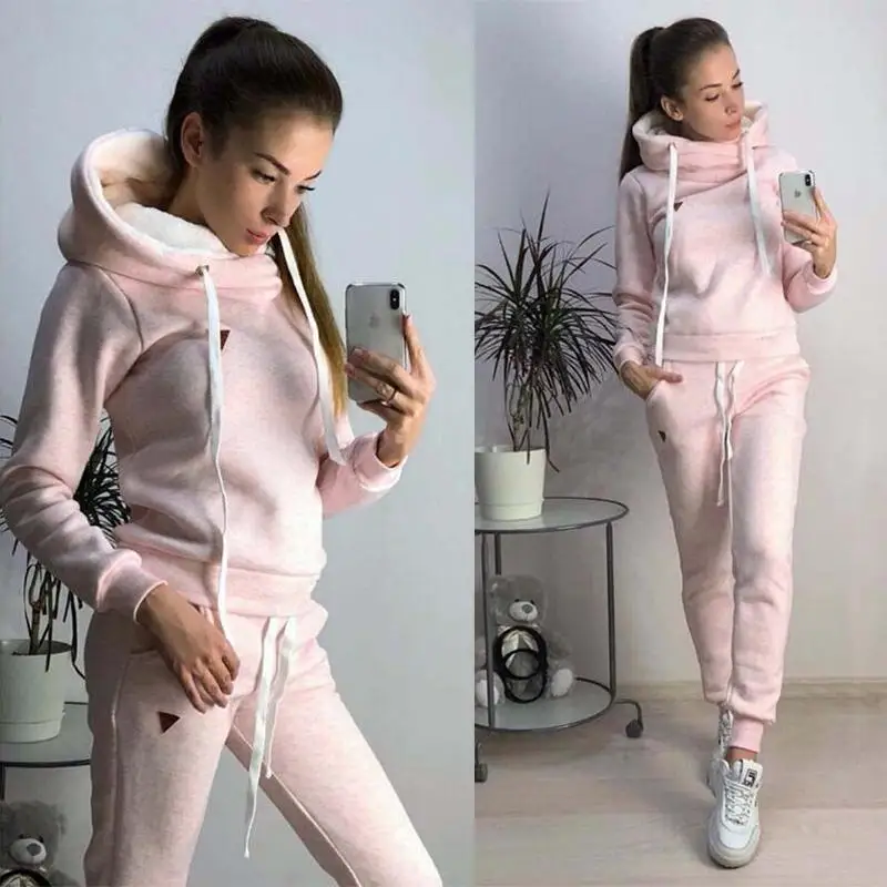 

Winte Warm 2pcs Sport Sets Women Autumn Tracksuit Long Sleeve Hoodie Tops Sweatpants Warm Outfits Running Suit Sportswear