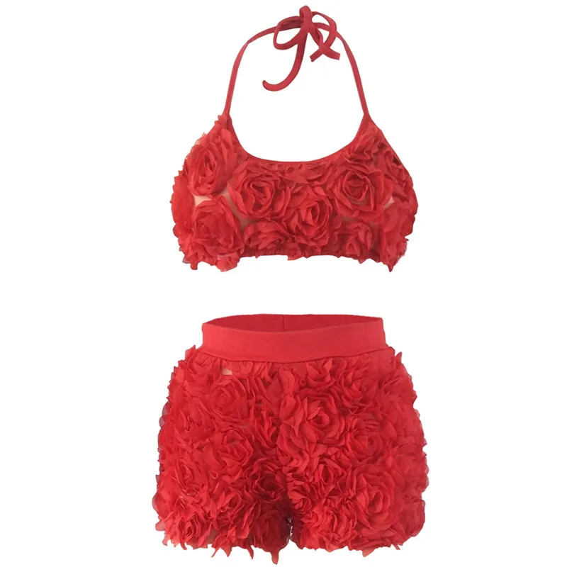

2021 Women Summer Sexy 2PCS Set 3D Flower Patchwork Halter Lace Up Tank Crop Tops Female High Waist Shorts Streetwear