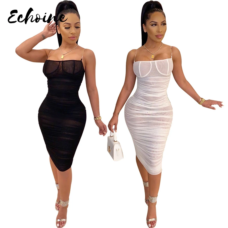 Соблазнительное Сетчатое Прозрачное платье без рукавов на бретелях однотонное