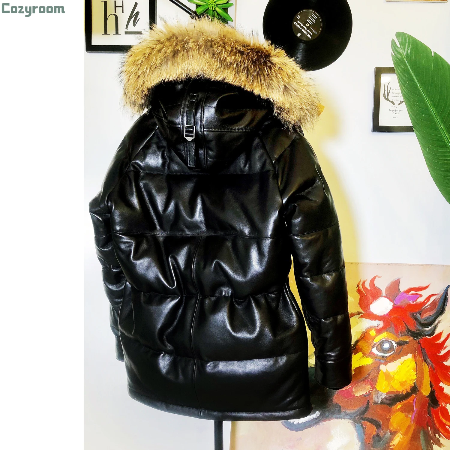 

CDN3B Big Size Super Warm Mens Genuine Sheep Leather 90% Duck Feather Jacket Long N3B Coat