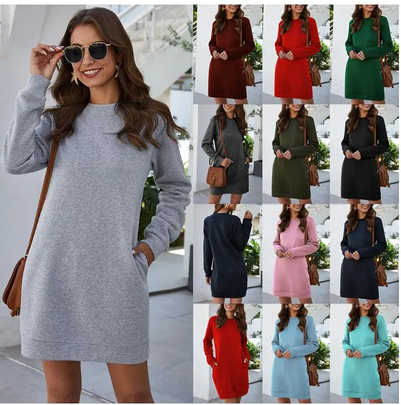 

Spring Autumn Women Mini Dress 2021 Fashion Solid Loose Pocket Ladies Sweatshirt Dress Female O Neck Long Sleeve Casual Vestidos