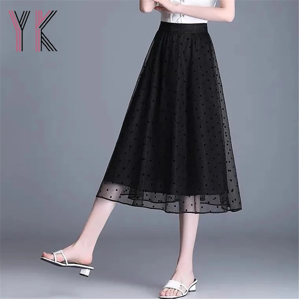 

Mesh Dot Black Elastic High Waist Mom Midi Skirts Korean Tutu Tulle Long Skirts Summer Plus Size Office Lady Simple Loose Saia