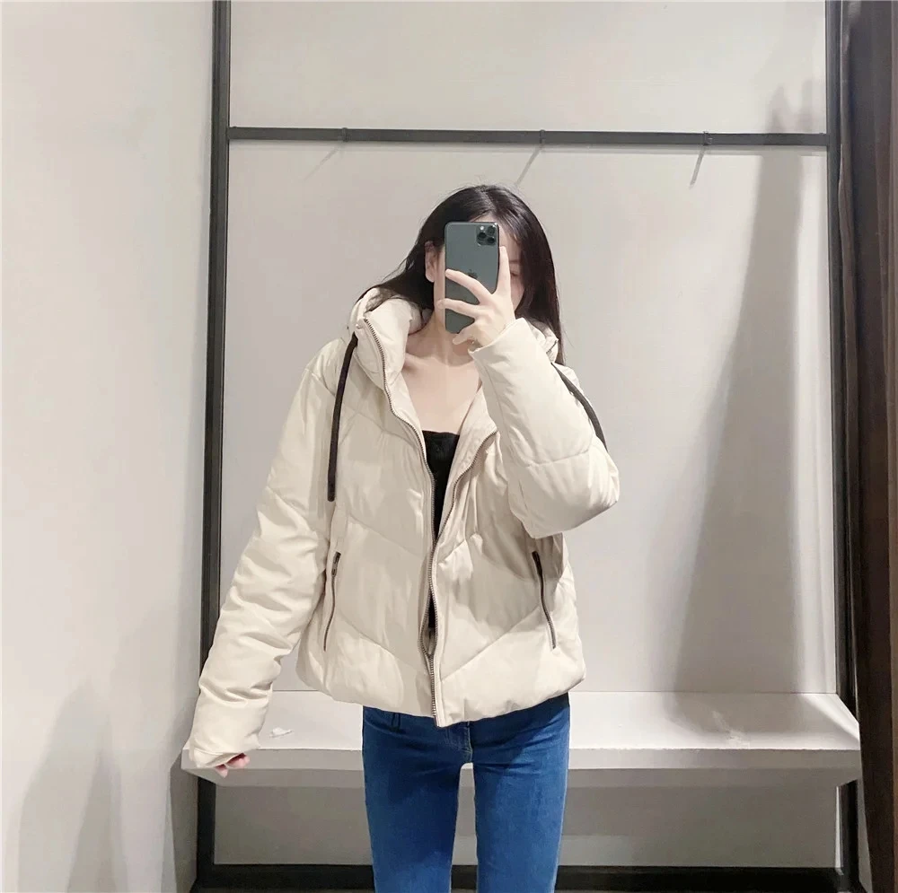 

Withered WInter Parka Coat Women England Style Fashion High Street Vintage Hooded Leather Pu Solid Casual Short Coat Women Tops