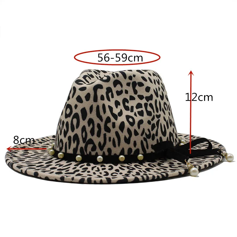 Seioum Felt Fedora Mens Jzz Hats Gentleman Cotton Winter Women Leopard print pearl Wide Brim Top Hat Chapeau Femme