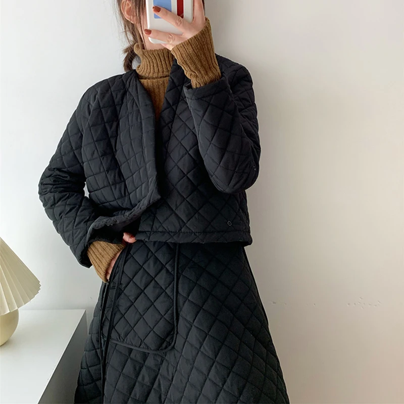 Casual Patchwork Argyle Cotton Coat  for Women O Neck Long Sleeve Casual Parkas Female Fashion New Clothing 2021 Winter