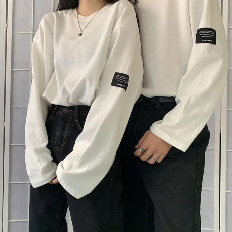 

Модная футболка в Корейском стиле с длинным рукавом, женские футболки в стиле Харадзюку, BF, весенние свободные футболки для пар, Белый Топ, х...