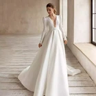 Женское атласное платье с поясом, элегантное платье в пол цвета слоновой кости с длинным рукавом, глубоким V-образным вырезом, на молнии и пуговицах, свадебное платье, 2021